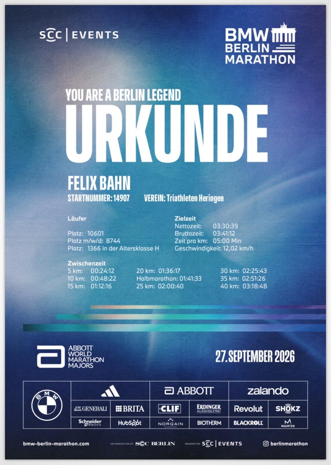 Urkunde von Felix Bahn beim BMW Berlin-Marathon am 27. September 2026